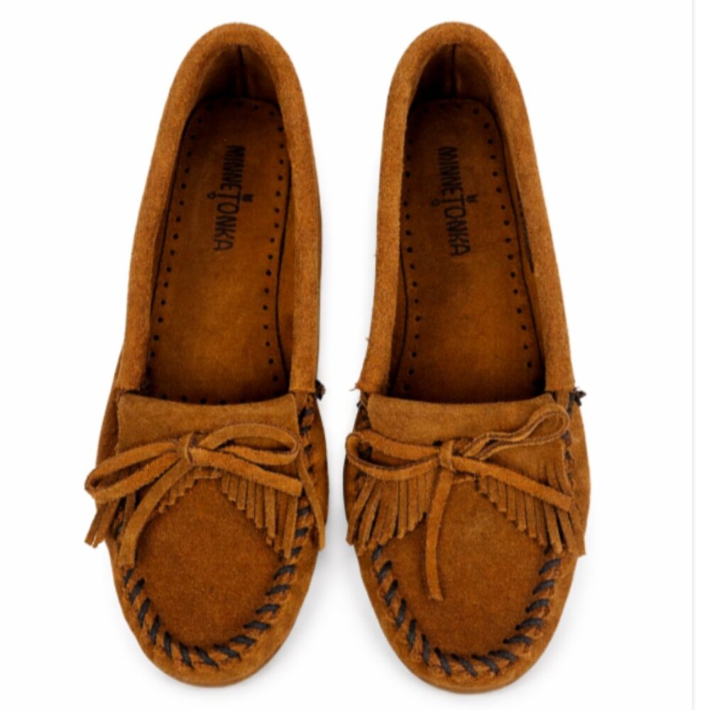 Minnetonka Brown Suede Moccasins Kilty Fringe Driving Loafers Women's 8.5 EUC